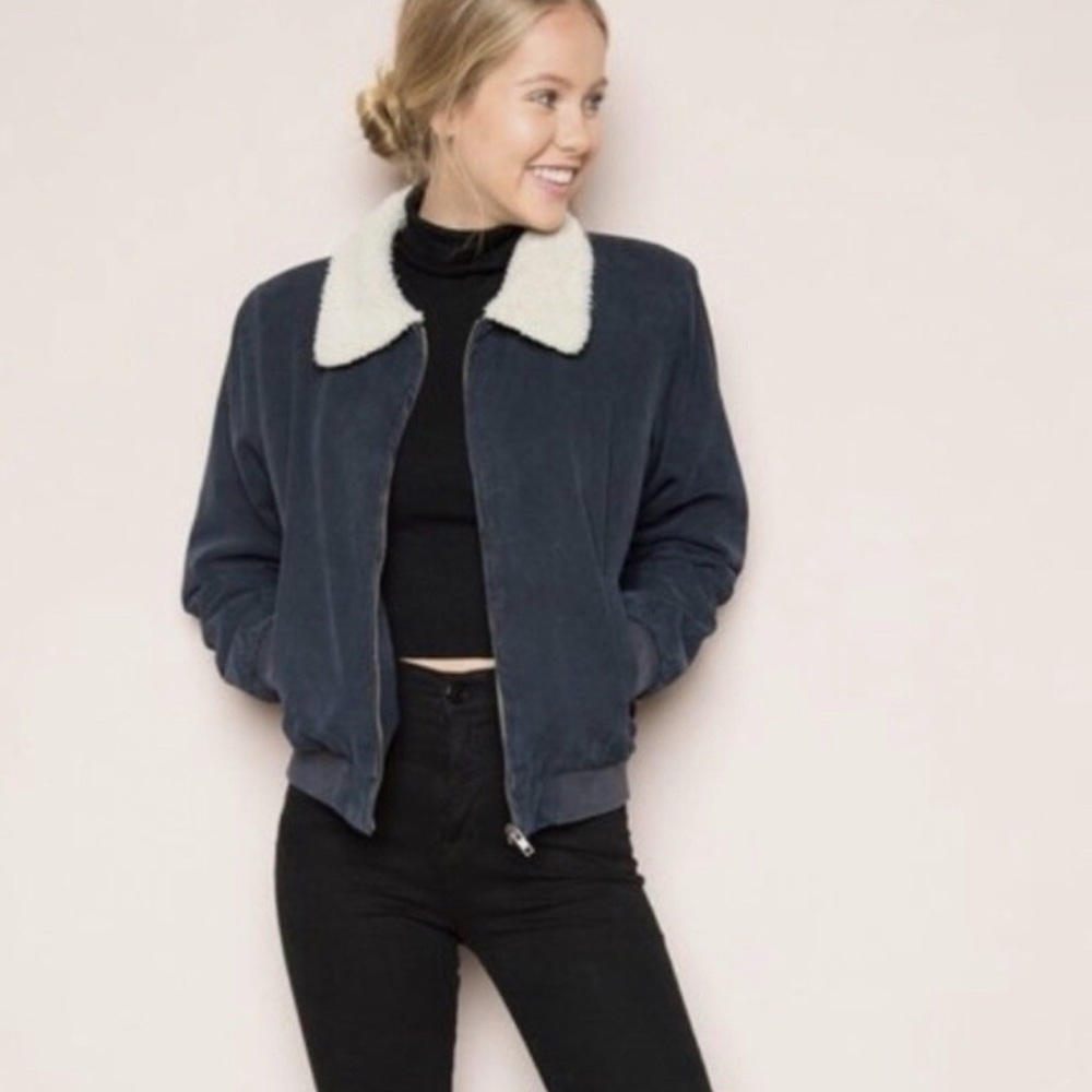 Brandy Melville Blue and White Bomber Jacket with Sherpa Collar